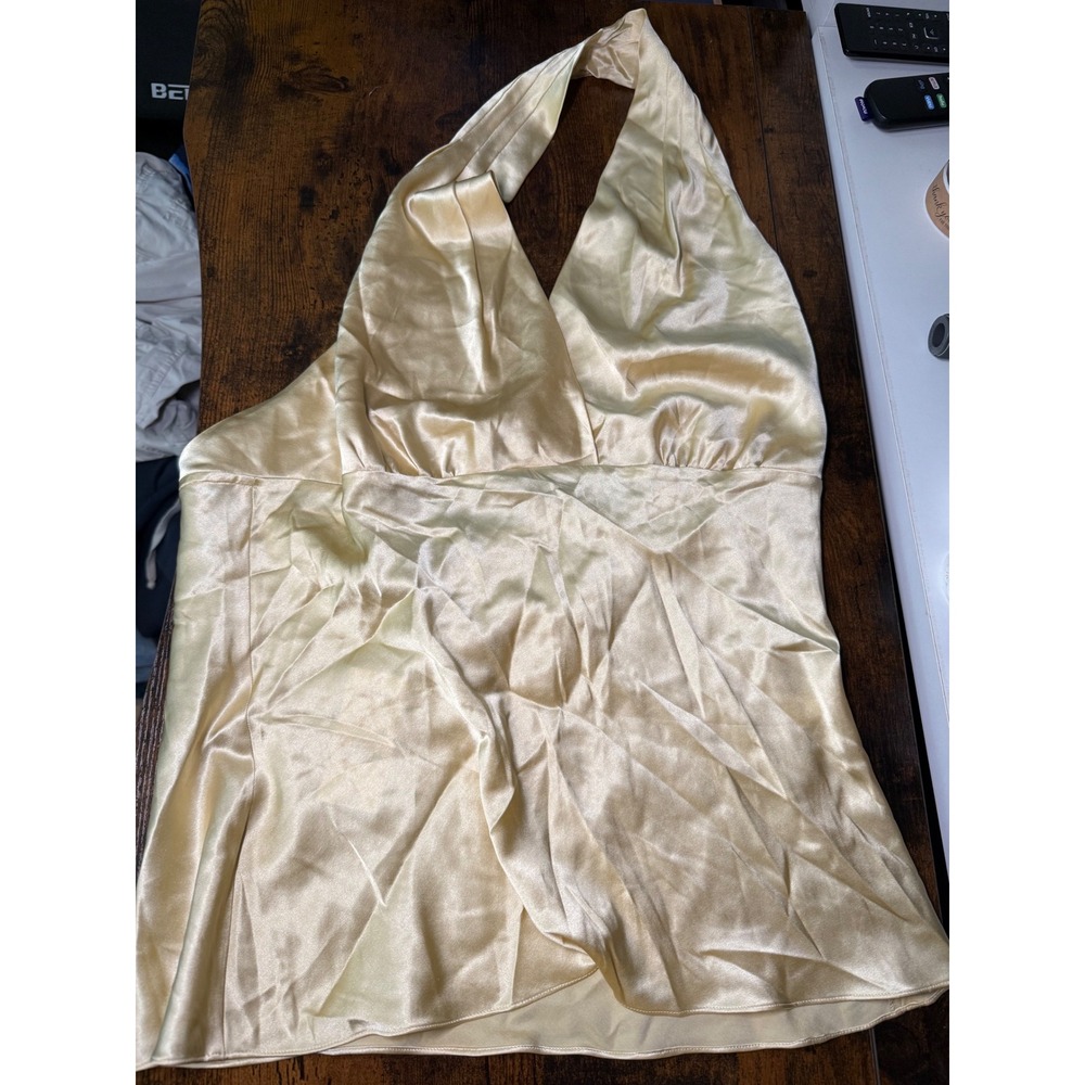 Express Silk Halter Top Womens Large Gold Champagne V-Neck Open Back NWT 3309